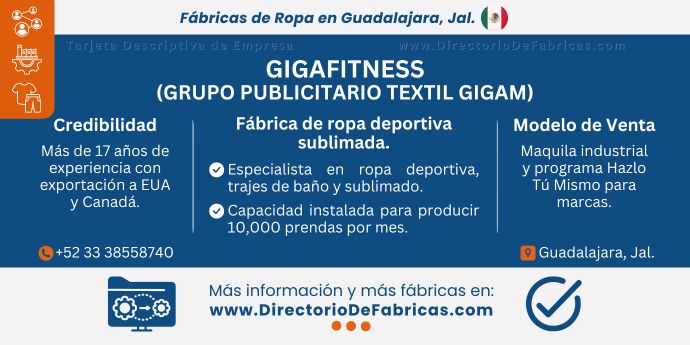 Business Card: GigaFitness — Fábrica de ropa deportiva y maquila en Guadalajara │ DirectorioDeFabricas.com