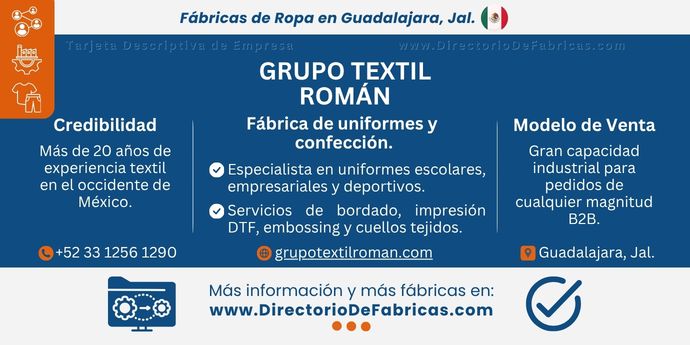 Business Card: Grupo Textil Román — Fábrica de uniformes y confección en Guadalajara │ DirectorioDeFabricas.com