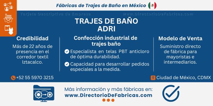 Business Card: Trajes de Baño Adri — Confección industrial de trajes baño │ Telas PBT anticloro │ DirectorioDeFabricas.com