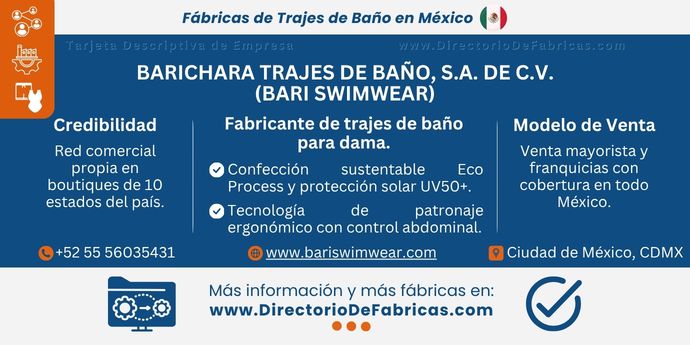 Business Card: Bari Swimwear — Planta de trajes de baño dama │ Eco Process y UV50+ │ DirectorioDeFabricas.com