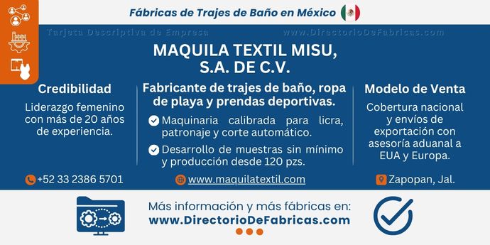 Business Card: Maquila Textil Misu — Maquila de trajes de baño │ Corte automático y licras │ DirectorioDeFabricas.com