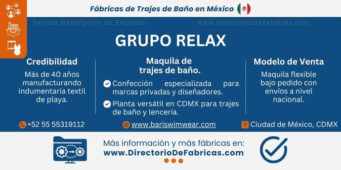 Business Card: Grupo Relax — Maquila de trajes de baño │ Confección para marcas privadas │ DirectorioDeFabricas.com