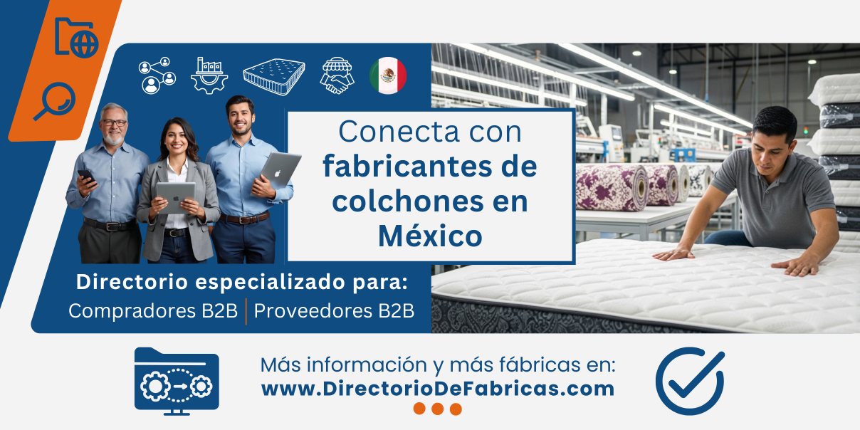 Banner que representa a vendedores de colchones y a un Técnico en una moderna fábrica de colchones en México realizando una inspección de calidad en la línea de producción.