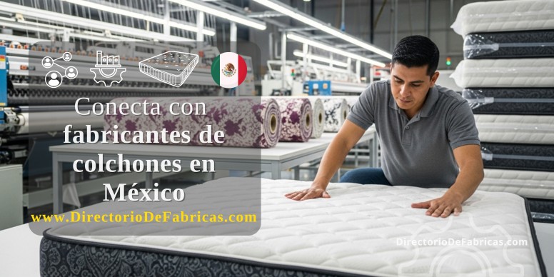 Técnico en una moderna fábrica de colchones en México realizando una inspección de calidad en la línea de producción.