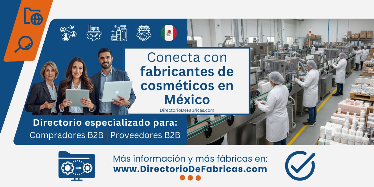 Banner que representa a comercializadores de cosmeticos y a una moderna fábrica de cosmeticos en México.