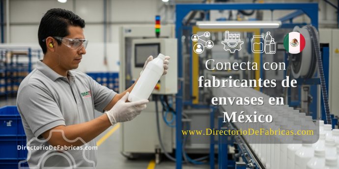 Técnico mexicano inspecciona una botella en una fábrica de envases de plástico. Al fondo, una máquina de moldeo por soplado