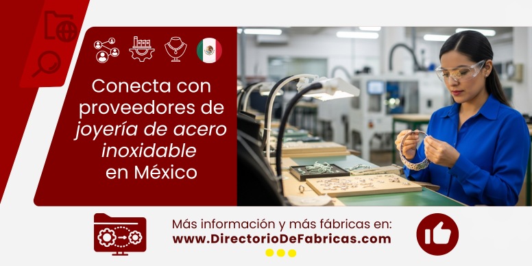 Mujer profesional mexicana en una fábrica de joyería de acero inoxidable realizando control de calidad a un collar.