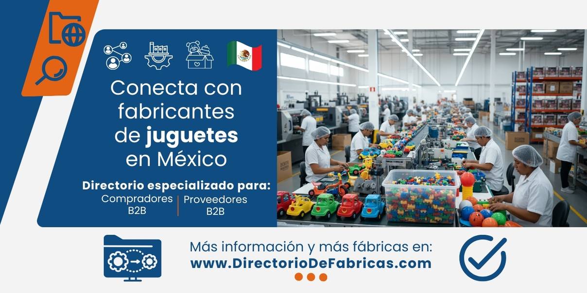 Fábrica de juguetes moderna en México con trabajadores ensamblando juguetes de plástico coloridos como autos, triciclos y bloques, mostrando el proceso de producción de alta calidad B2B