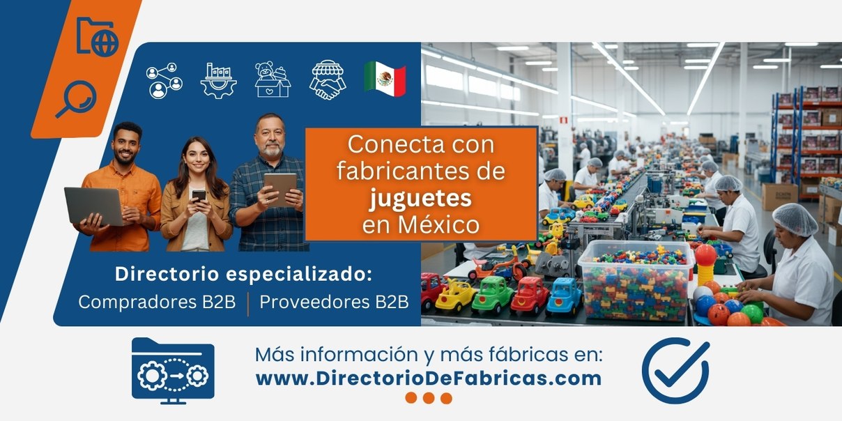 Fábrica de juguetes moderna en México con trabajadores ensamblando juguetes de plástico coloridos como autos, triciclos y bloques, mostrando el proceso de producción de alta calidad B2B