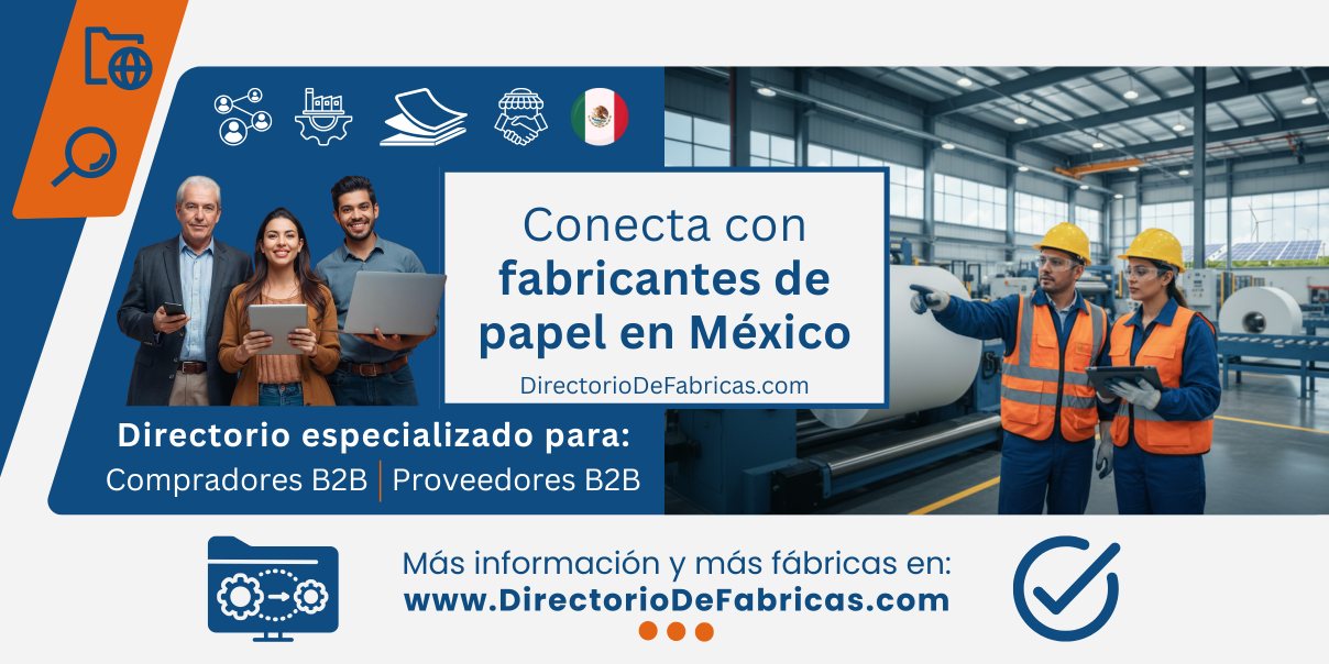 Banner que representa a vendedores de papel y a dos Técnicos en una moderna fábrica de papel en México realizando una inspección de calidad en la línea de producción.