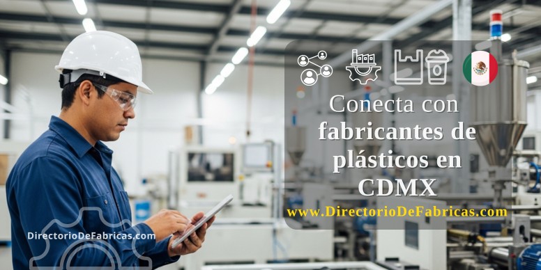 Ingeniero mexicano en control de calidad usando una tablet dentro de una moderna fábrica de plásticos en CDMX, con maquinaria de inyección y productos terminados al fondo.