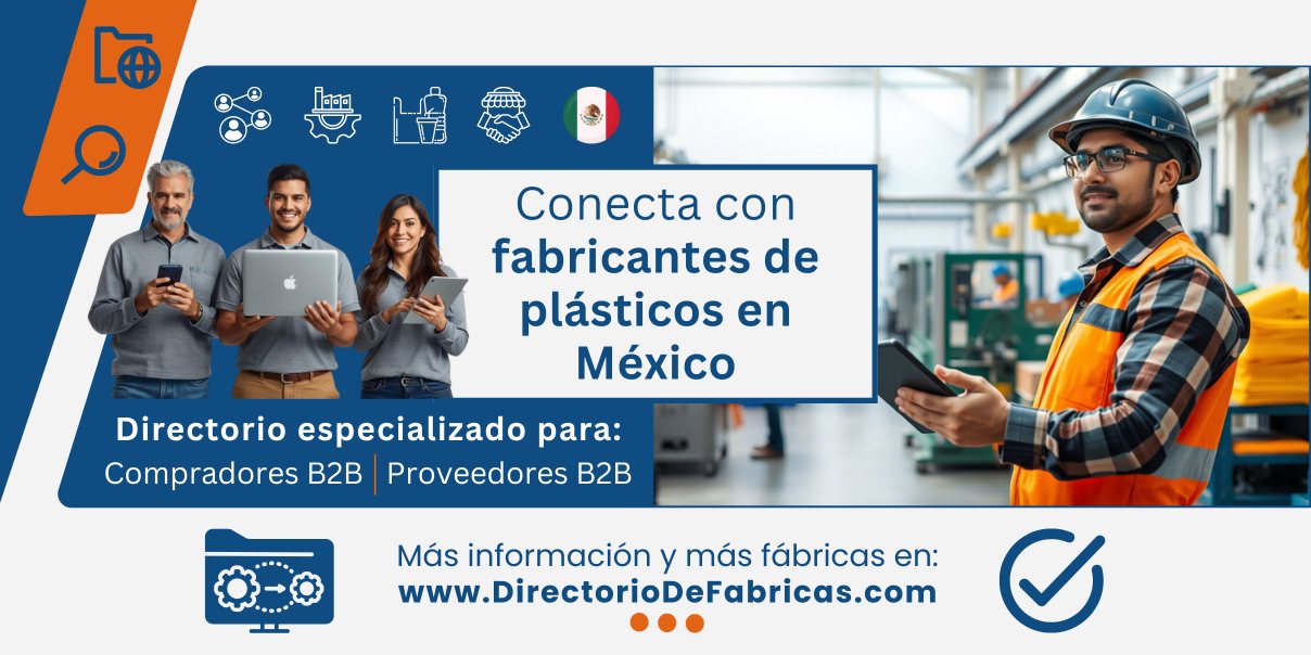 Banner que representa a compradores B2B de productos plásticos y a un técnico en una fábrica de plásticos.