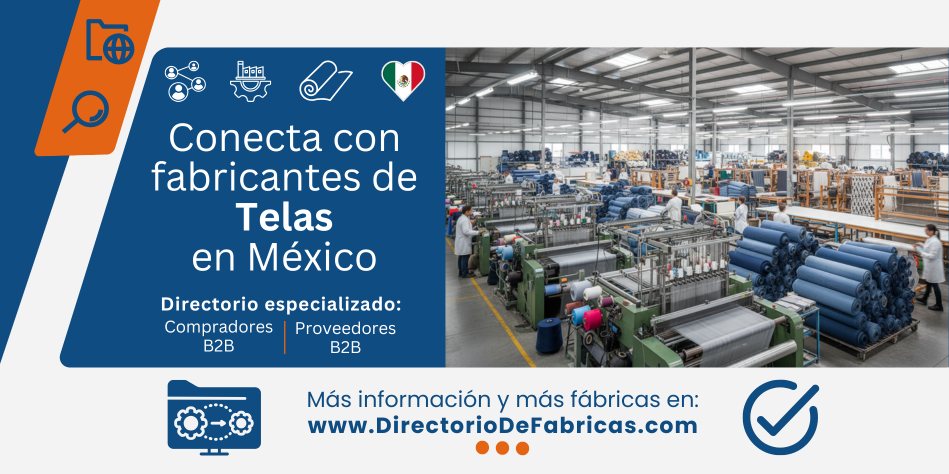 Directorio especializado en fabricantes de tela en México: Vista de una fábrica textil moderna, mostrando maquinaria de tejido en funcionamiento, pilas de rollos de tela (incluyendo denim), hilos de colores y trabajadores en sus puestos, representando la producción de tejido de punto, mezclilla, lana y textiles para uniformes