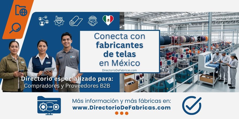 Directorio especializado en fabricantes de telas en México: Vista de vendedores de telas y de una fábrica textil moderna, mostrando maquinaria de tejido en funcionamiento, pilas de rollos de tela (incluyendo denim), hilos de colores y trabajadores en sus puestos, representando la producción de tejido de punto, mezclilla, lana y textiles para uniformes
