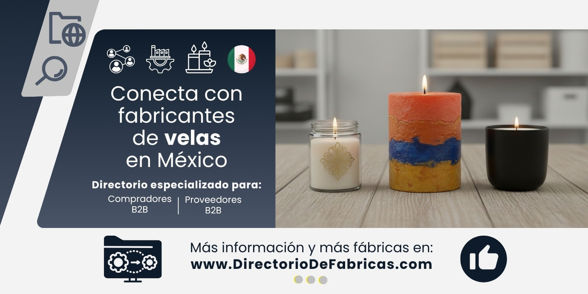 Tres tipos de velas que representan el mercado mexicano: Una veladora clásica, una vela artesanal decorativa, y una vela de lujo de cera de soya